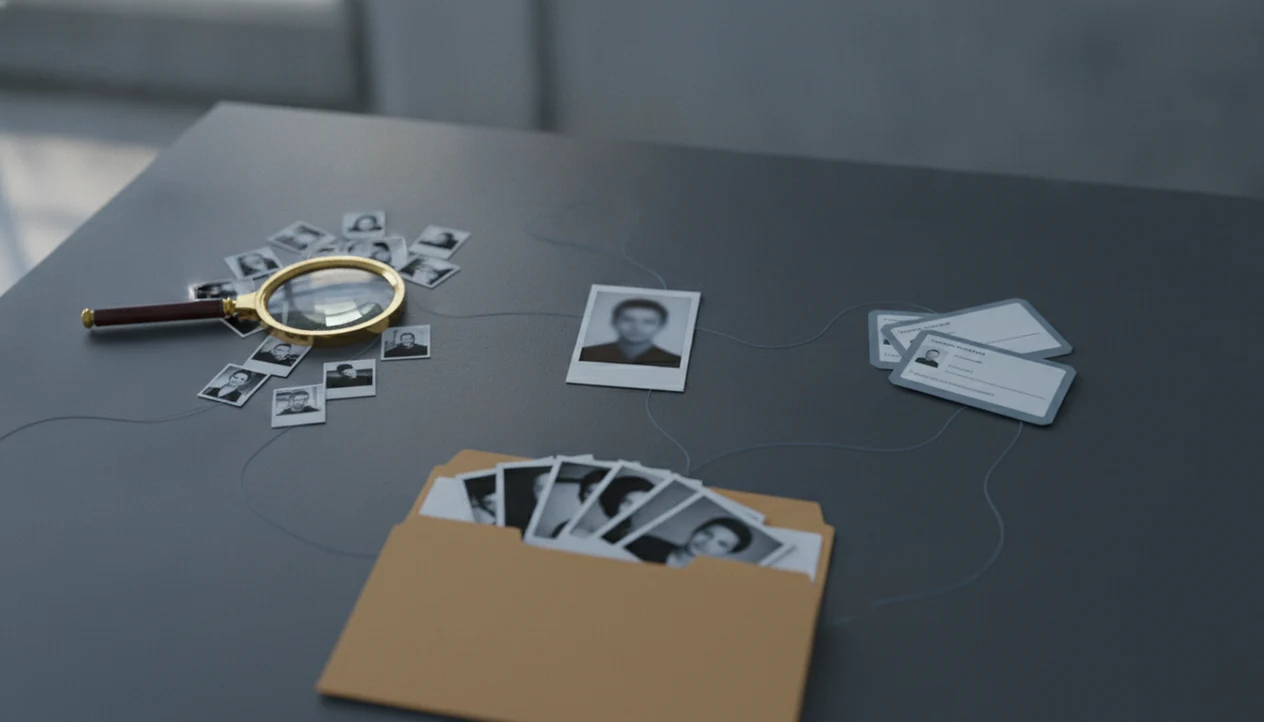 A privacy-focused desk layout shows photo-check clues, source trails, and comparison materials.
