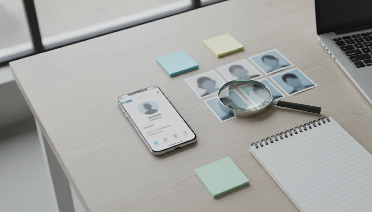 A desk setup with blurred dating profile images, photo crops, and a magnifying glass for safe verification.
