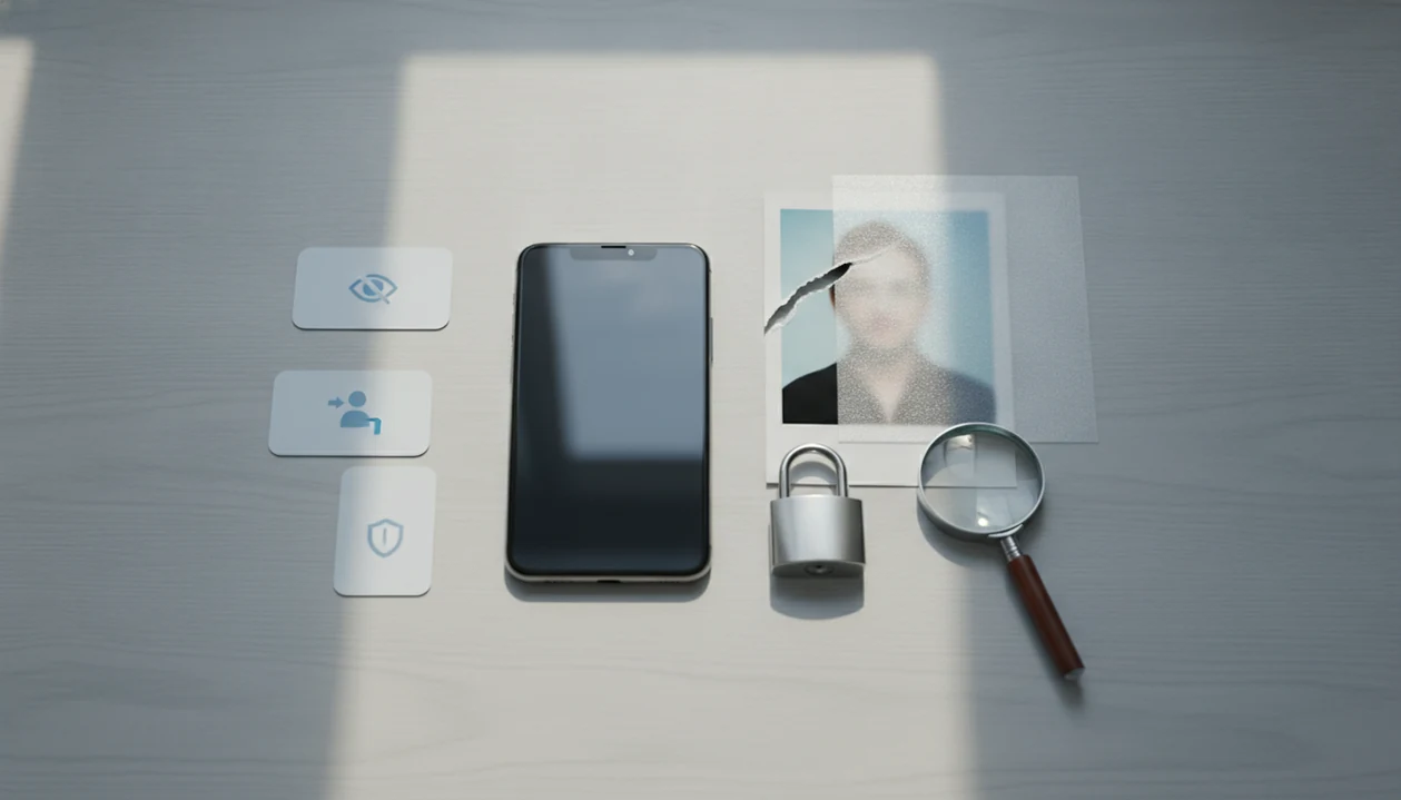 A phone, blurred portrait, magnifying glass, and padlock suggest cautious reverse face search app downloads.