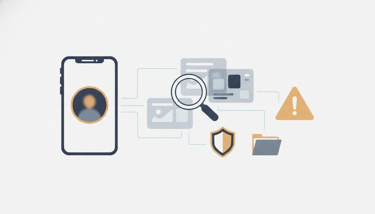 A symbolic scam photo check workflow with a phone, blurred image cards, magnifying glass, shield, and evidence folder.