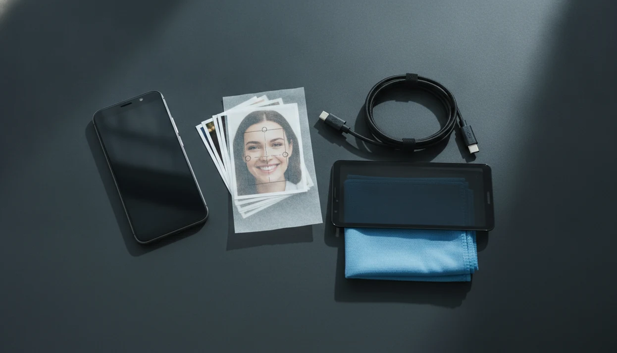 An unbranded Android phone and portrait photos arranged for a cautious reverse face search workflow.