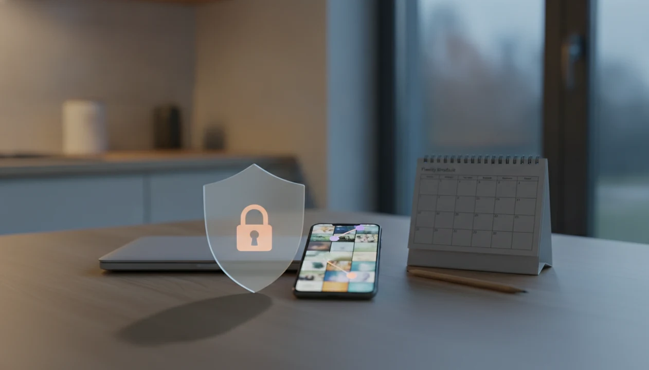 A phone and laptop on a family table suggest a cautious private check of suspicious online photos.