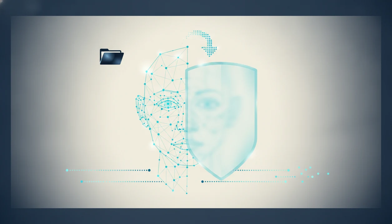 An abstract faceprint sits behind a translucent shield, suggesting privacy controls before uploading a photo.