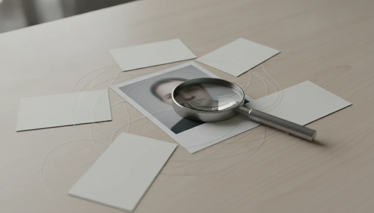 A magnifying glass rests beside an anonymous portrait photo and blank match cards on a desk.
