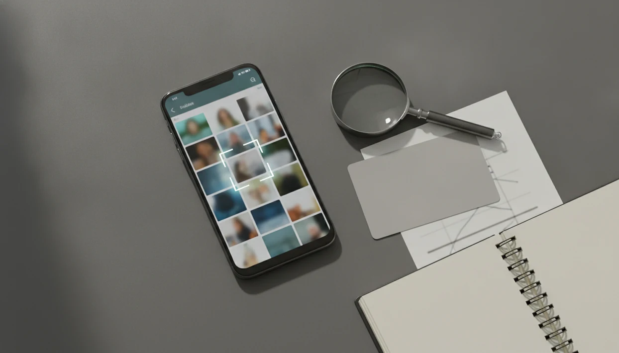An unbranded Android phone, magnifying glass, and covered screenshot suggest checking a photo safely.