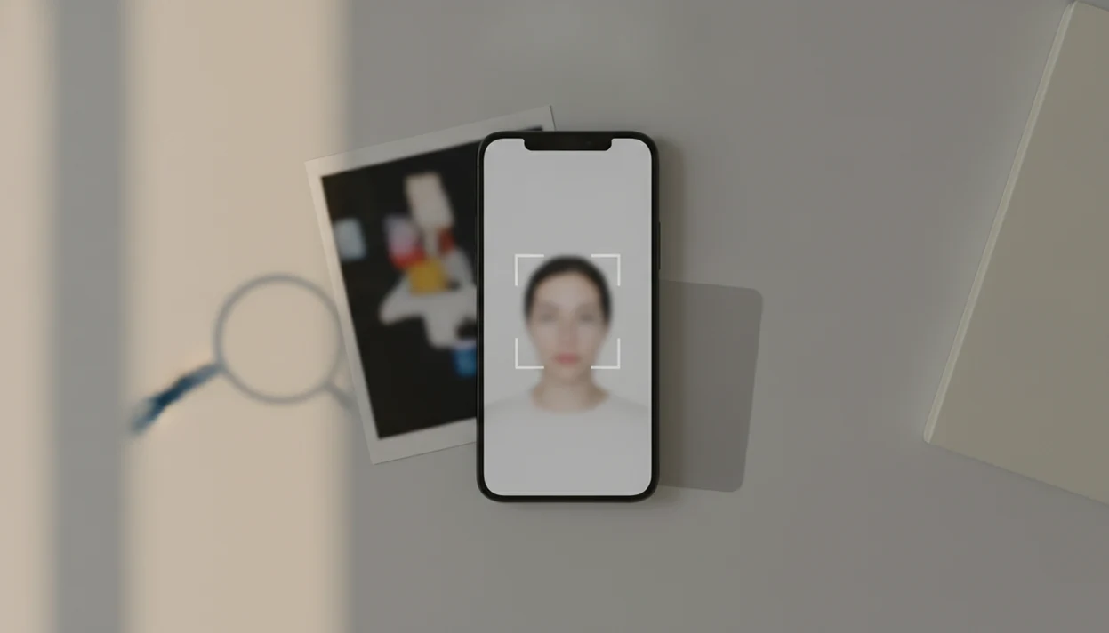 A smartphone shows a tightly cropped face photo prepared for a private reverse face search workflow.