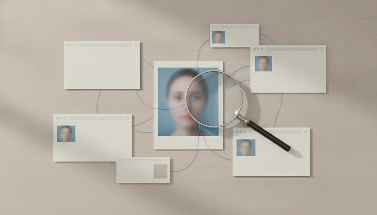 An anonymous face photo, blank result cards, and a magnifying glass arranged as a cautious search workflow.