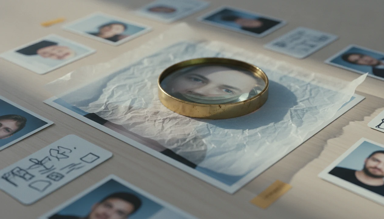 A magnifying glass rests over a veiled face photo surrounded by blurred public image matches.
