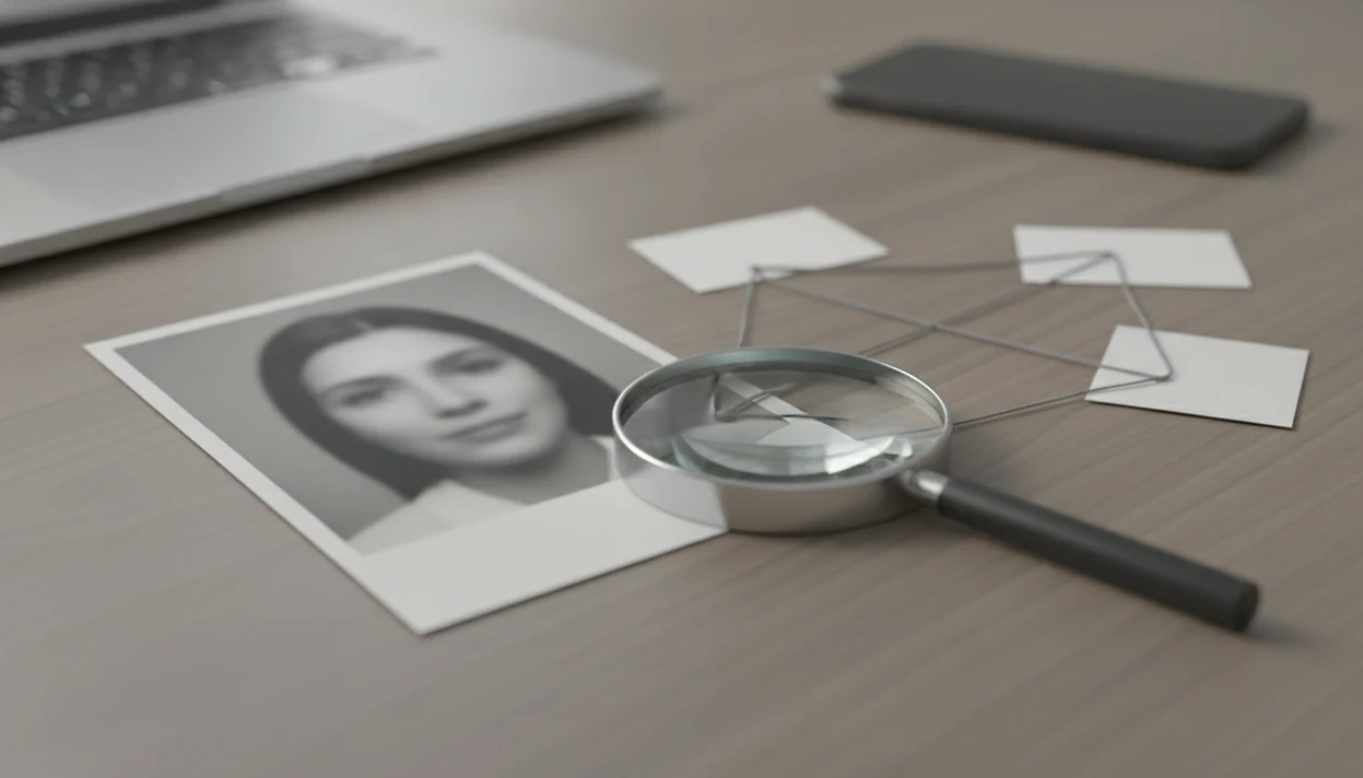 An anonymous face photo under a magnifying glass with connected clue cards on a quiet desk.